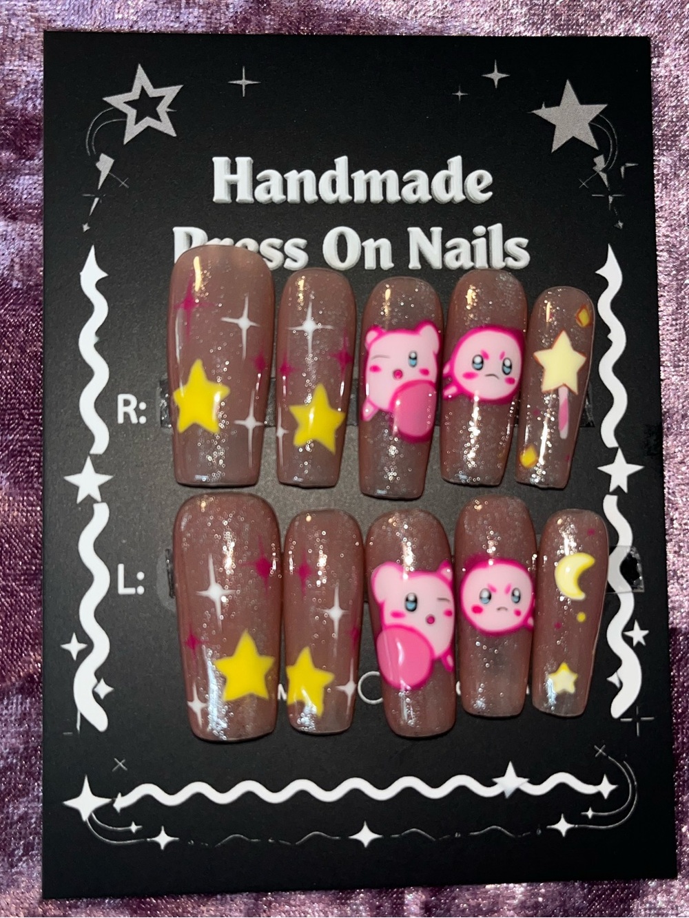 Handmade Press On Nails - Brown with Pink Cartoon Characters & Yellow Stars